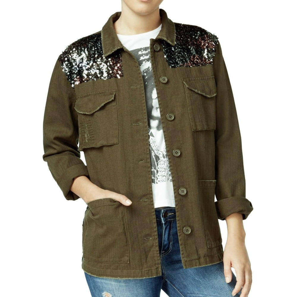 One Hart Utility Jacket L Olive Green Sequin Back Herringbone Statement Layering